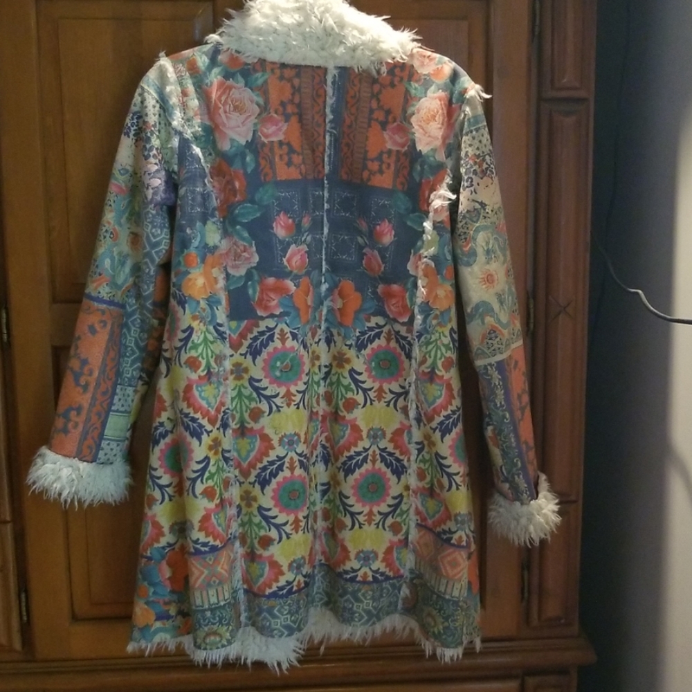 Johnny Was Colorful Floral Patchwork Jacket with Cream Fur - Picture 3 of 5